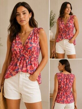 💙 GAP Pink & Blue Floral V-Neck Sleeveless  Summery Blouse Top